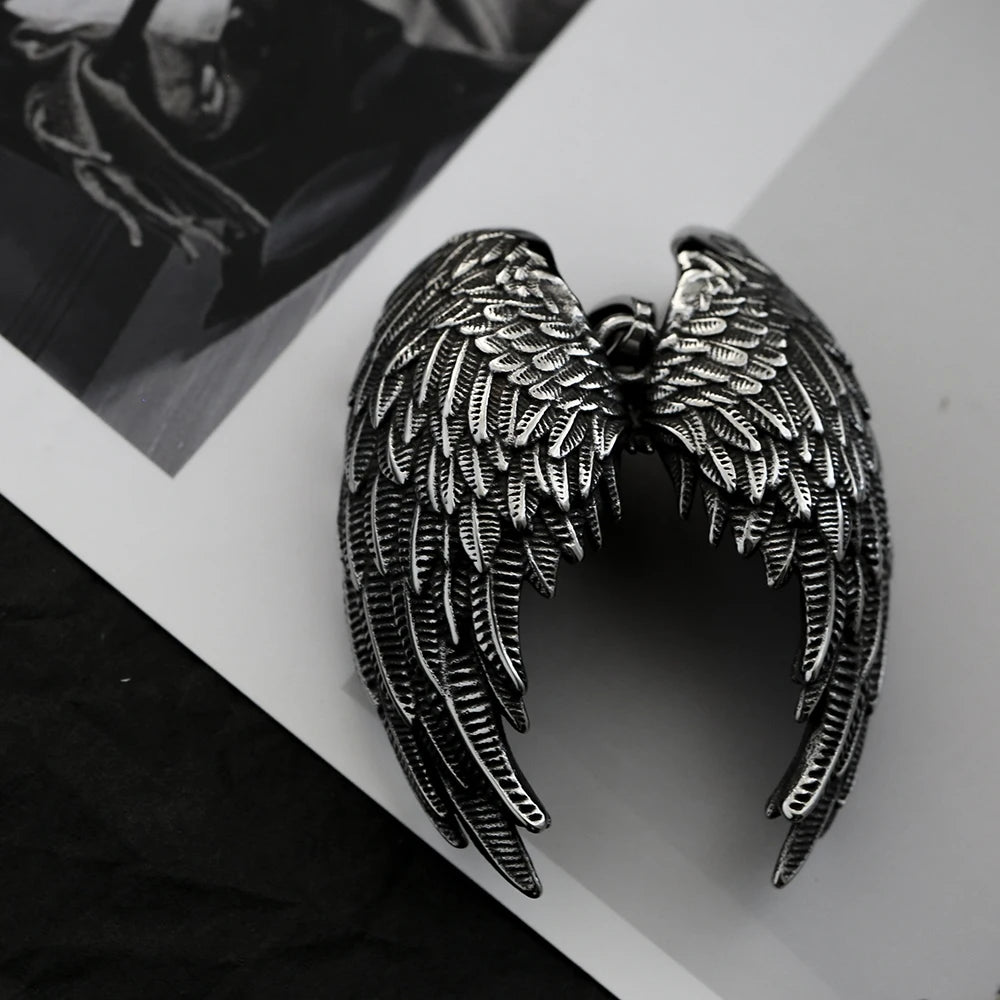 Retro Angel Wing Pendant Necklace Stainless Steel Hip Hop Punk Style Silver Color Birthday Party Gift For Men Women Neck Jewelry