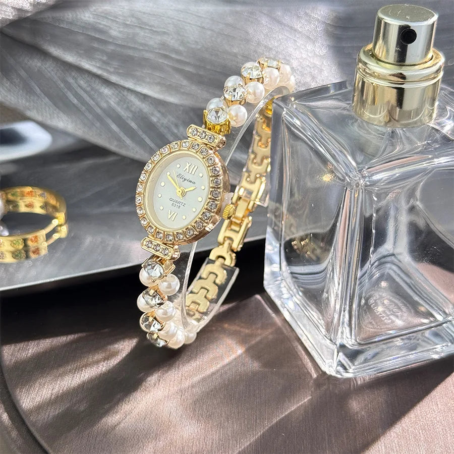 New Hot Pearl Bracelet Watch Luxury Diamond Encrusted Women Quartz Watch Oval Dial Ladies Wristwatches Dropshipping clock