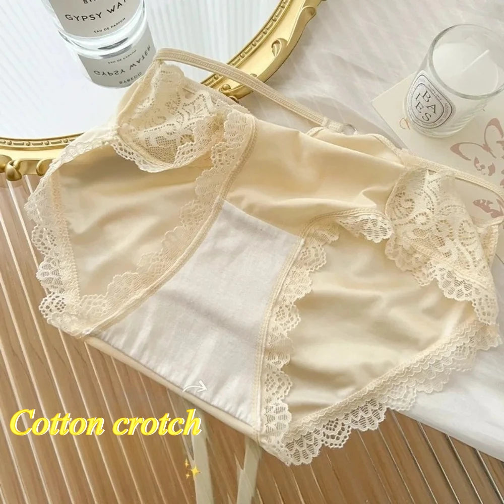 High-quality Satin Panties Soild Color Breathable Underwear Women French Sexy Lace Bow Lingerie Mid-waist Thin Mesh Briefs 도매