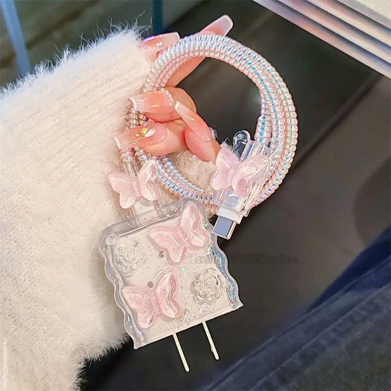 Pink Crystal Butterfly Charging Data Cable Protector Winder Accessories for iPhone 18/20w Cartoon Charger Protective Cover