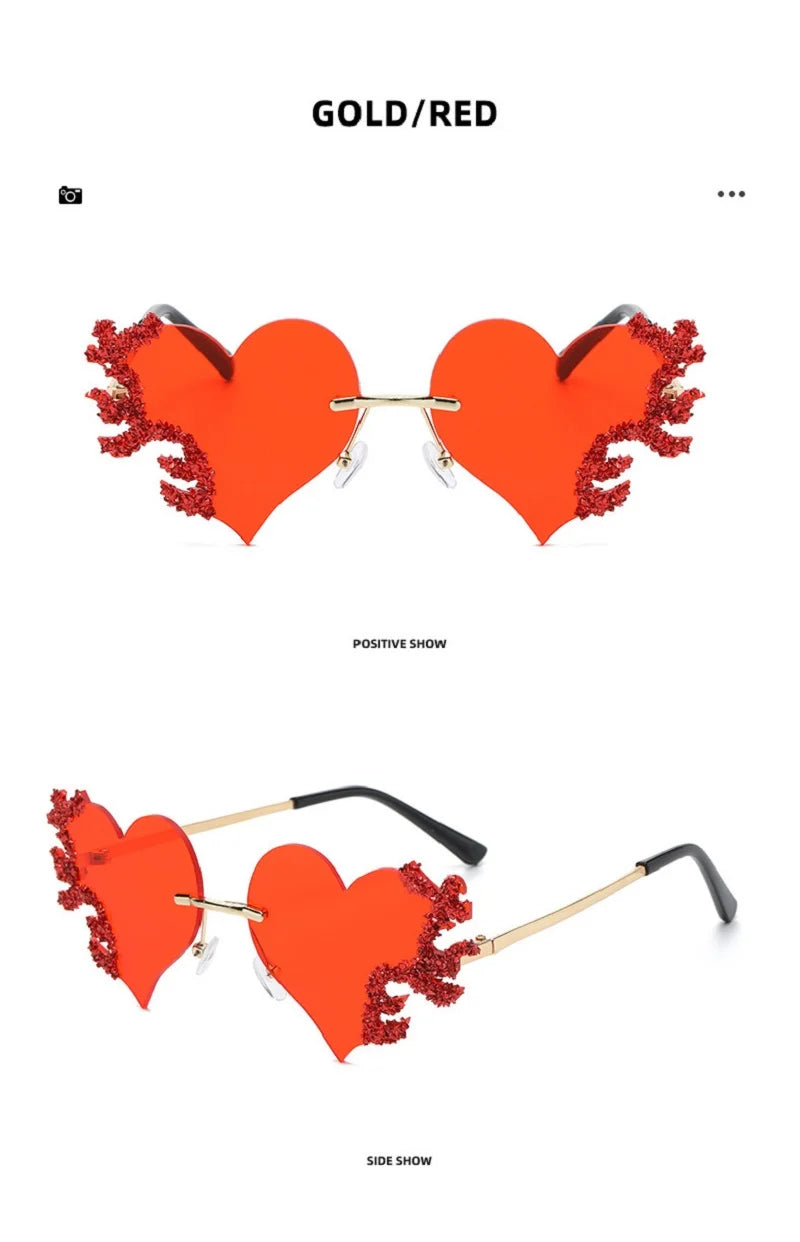 2024 Fashion Heart Shaped Sunglasses Luxury Diamond Funny Personality Rimless Sun Glasses Halloween Party Christmas Decoration