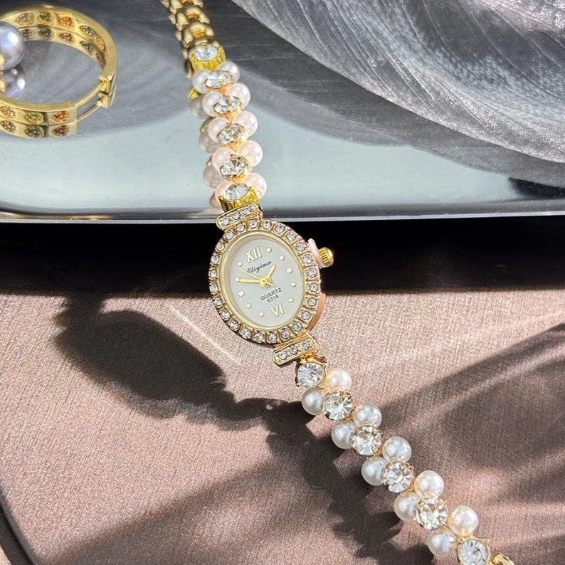 New Hot Pearl Bracelet Watch Luxury Diamond Encrusted Women Quartz Watch Oval Dial Ladies Wristwatches Dropshipping clock