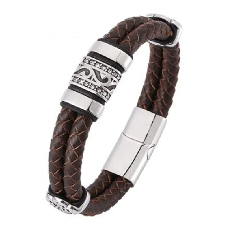 Vintage Hand Woven Eco-Friendly Leather Cross Bracelet with Magnetic Clasp Men\'s Fashion Pendant Religious Amulet Jewelry