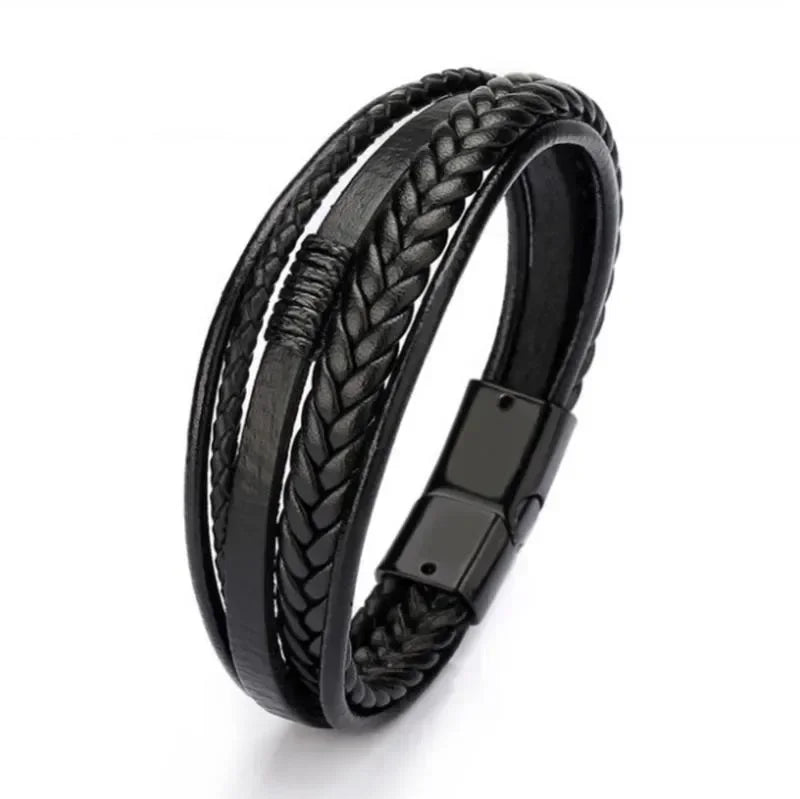 Classic Vintage Magnetic Buckle X Pendant Black Leather Bracelet, Suitable for Men\\\\\\'s Fashion Casual Rock Jewelry