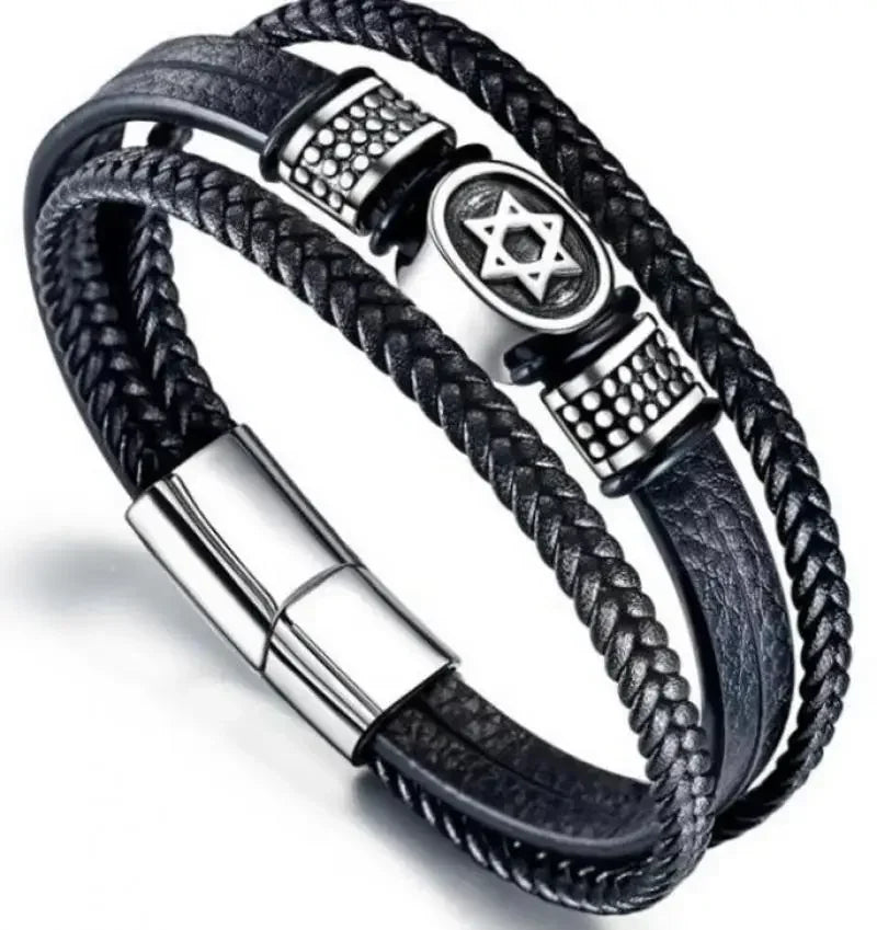 Fashion Star of David Multilayer Leather Braided Bracelet with Magnetic Clasp Men\\\\'s Vintage Judaica Amulet Jewelry