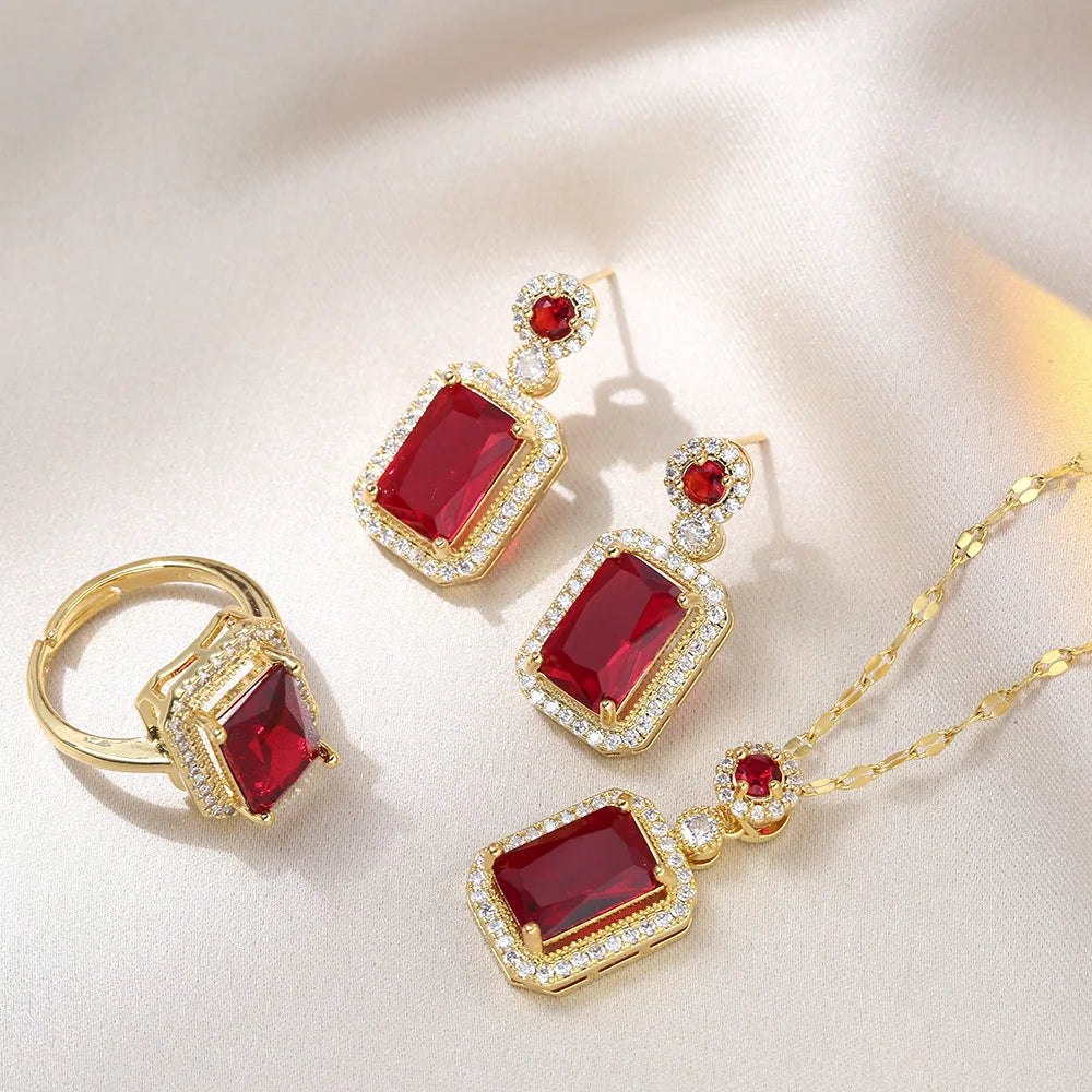 Exquisite Fashion Emerald Perfume Bottle Necklace Earrings Ring 3 Piece Set Classic Banquet Wedding Jewelry Set Birthday Gift