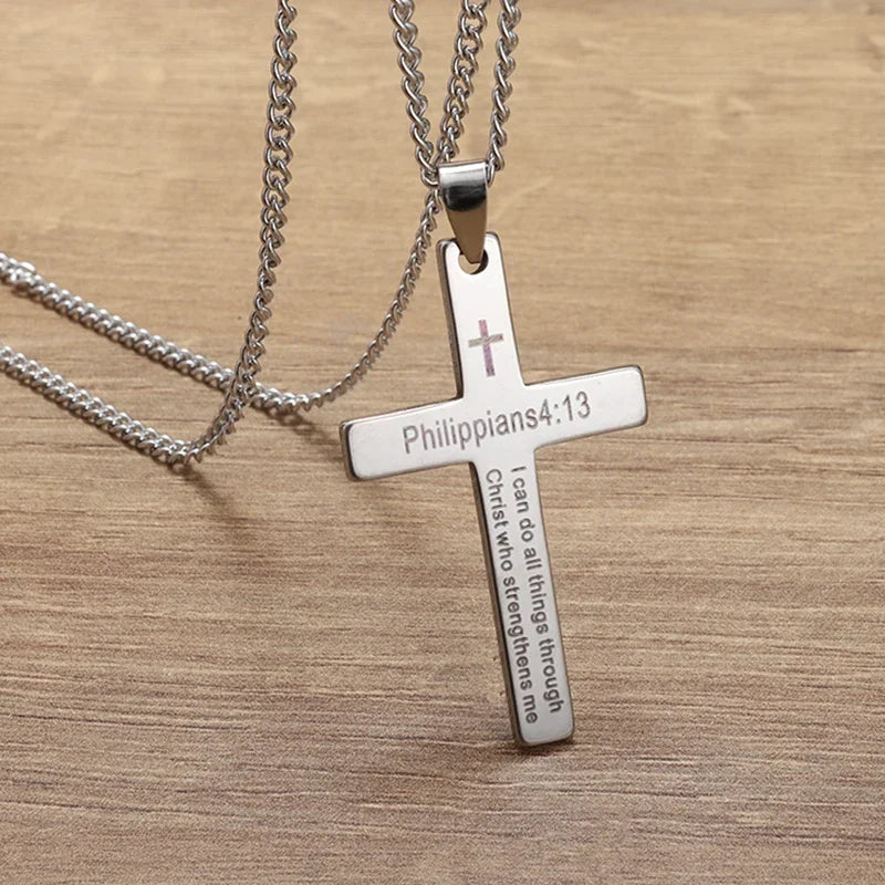 Philippians 4:13 Men\\\'s Simple Cross Pendant Necklace Stainless Steel Religious Amulet Jewelry Unisex Bijoux