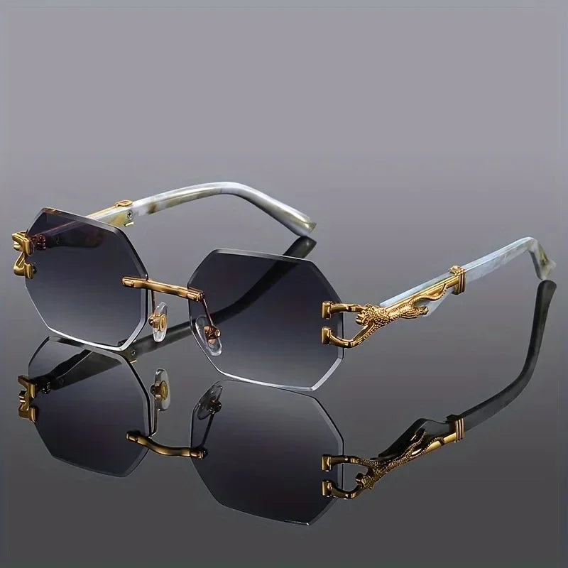 Vintage Rimless Polygonal Metal Frame Sunglasses with Leopard DesignTemples Unisex Outdoor Party Vacation Travel Driving Photo