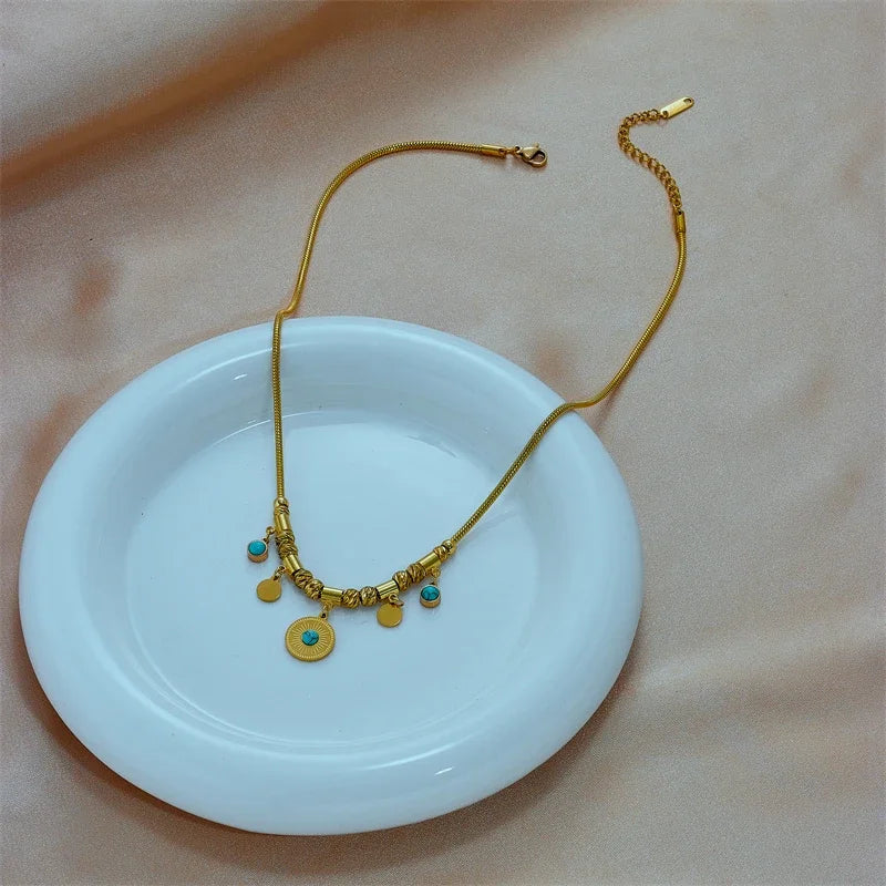 Stainless Steel Gold Color Round Green Stone Pendant Necklace For Women Vintage Ethnic Girls Chain Jewelry Gifts