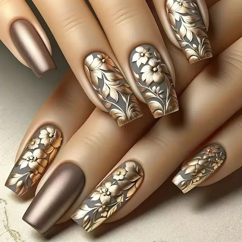 24Pcs Sweet Cool Coffin Fake Nails Butterfly Flower Acrylic Nail Glitter Glossy False Nail Full Cover Autumn Press on Nails Tips