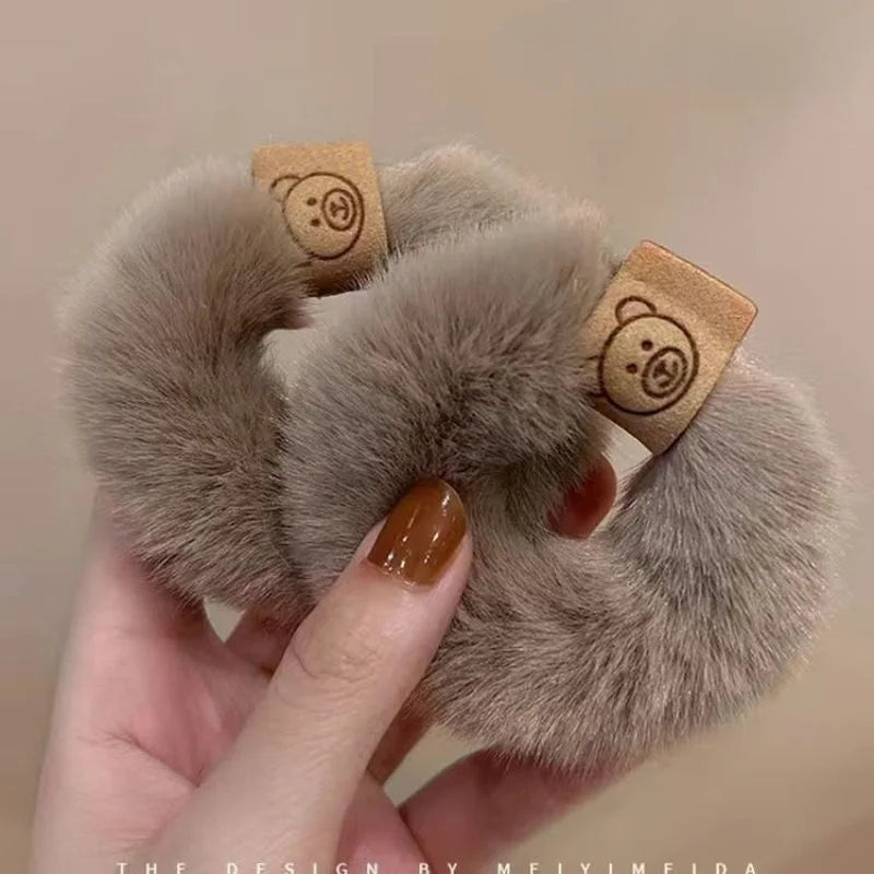 Autumn and Winter Plush Patch Bear Towel Ring Hair Tie Korean Style Hair Accessories Headband Thick High Elastic Hair Rope