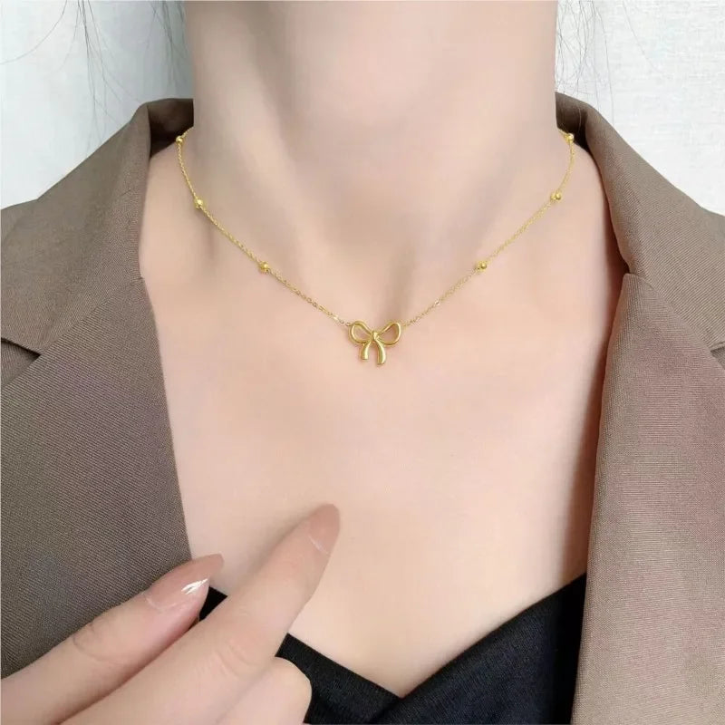 Stainless Steel Beads Chain Hollow Bowknot Pendant Necklace Bracelet for Women Niche Simple Jewery Accessory