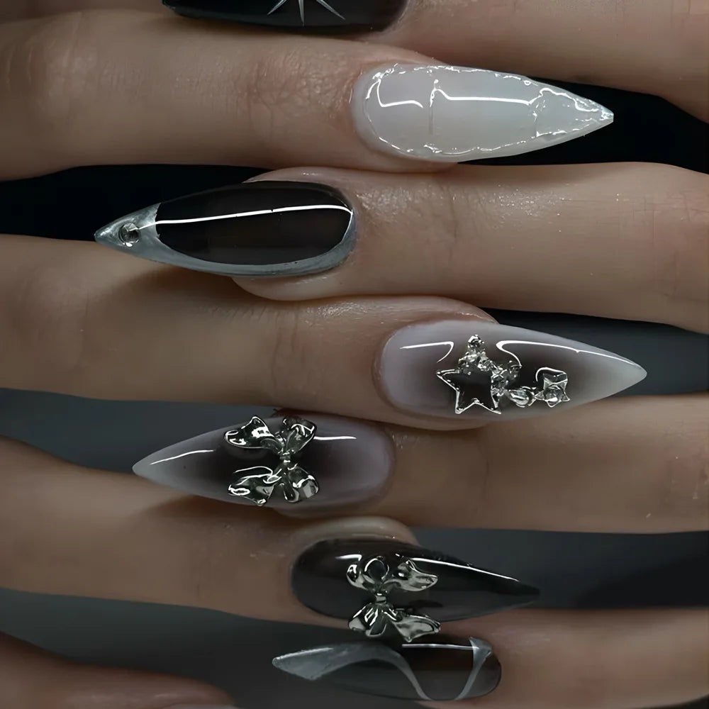 24pcs detachable sweet cool ballet false nails with star y2k designs acrylic press on nails coffin almond fake nails with glue