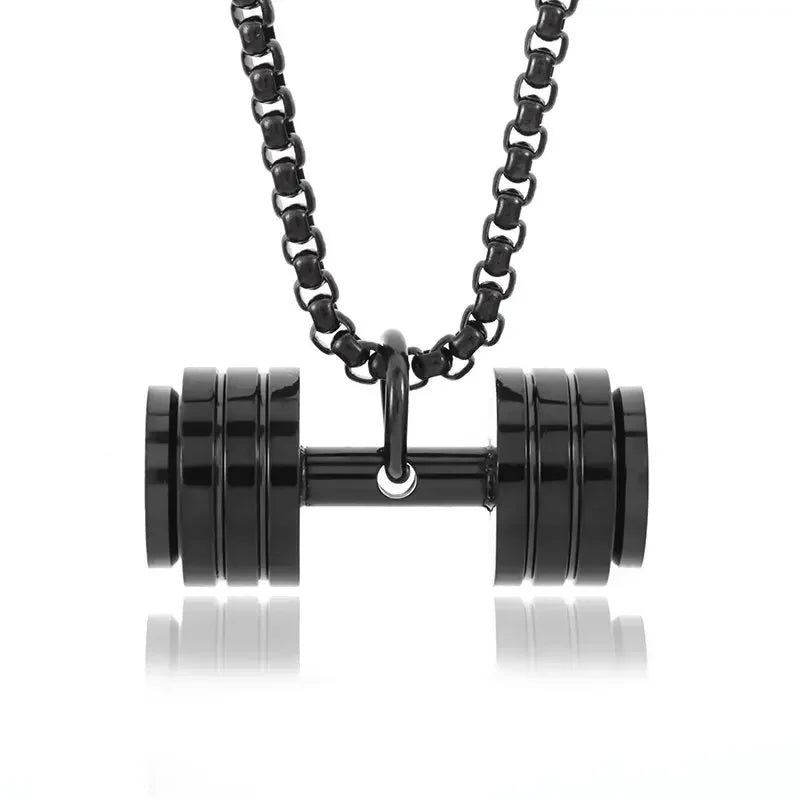 Cool Titanium Steel Dumbbell Pendant Necklace Barbell Fitness Pendant Men and Women Leisure Sports Punk Jewelry
