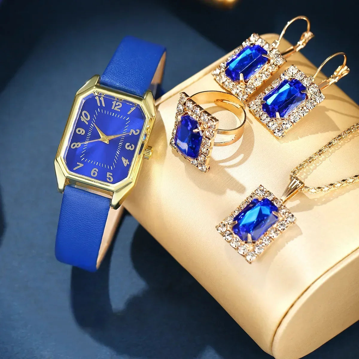 2024 New Leisure Fashion Leather Women's Business Square Quartz Watch Korean Rhinestone Jewelry Set Reloj Mujer Elegante