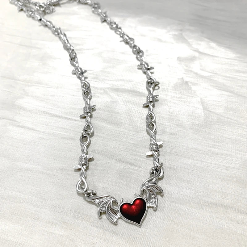 Aesthetic Goth Devil Heart Barbed Wire Choker Necklace Punk Hip Hop Jewelry Y2K Vampire Little Thorns Chain Choker Gift