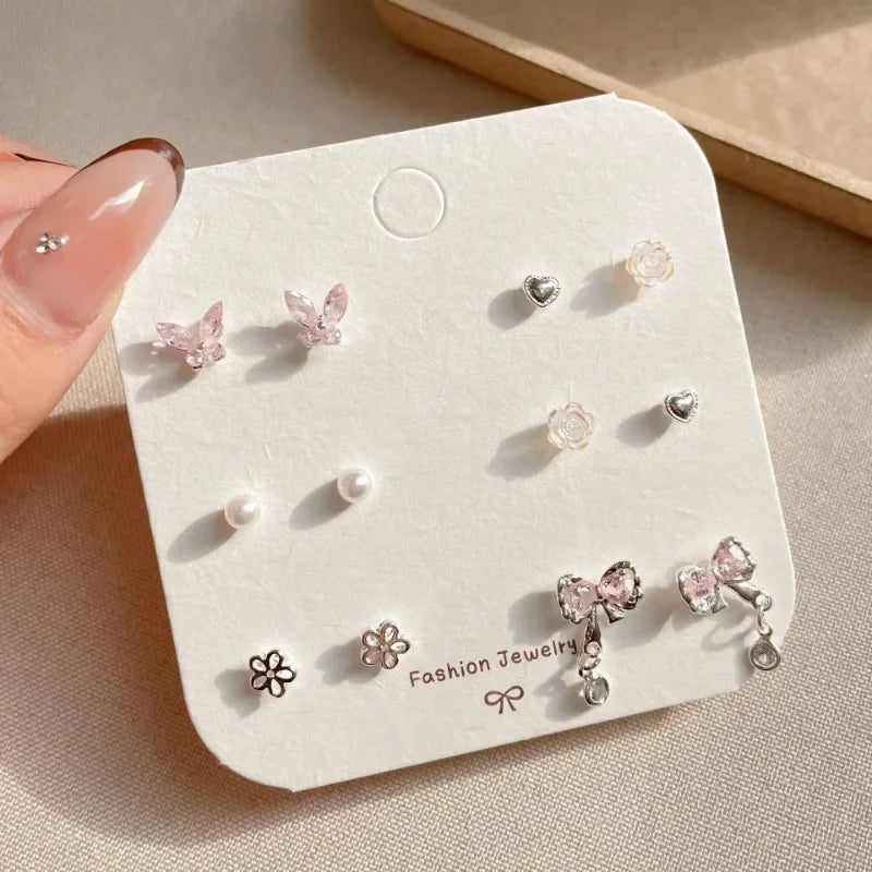 Cute 6/7Pair Set Butterfly Heart Stud Earrings for Women Girl Exquisite Party Dailywear Jewelry Birthday Gift Simple Accessories