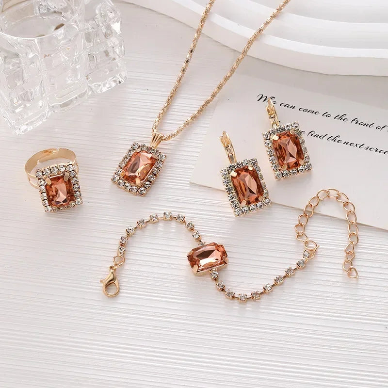 5PCS Zircon Jewelry Set Geometric Square Zircon Necklace Bracelet Ring for Women's Clavicular Chain Fashion  Jewelry Set
