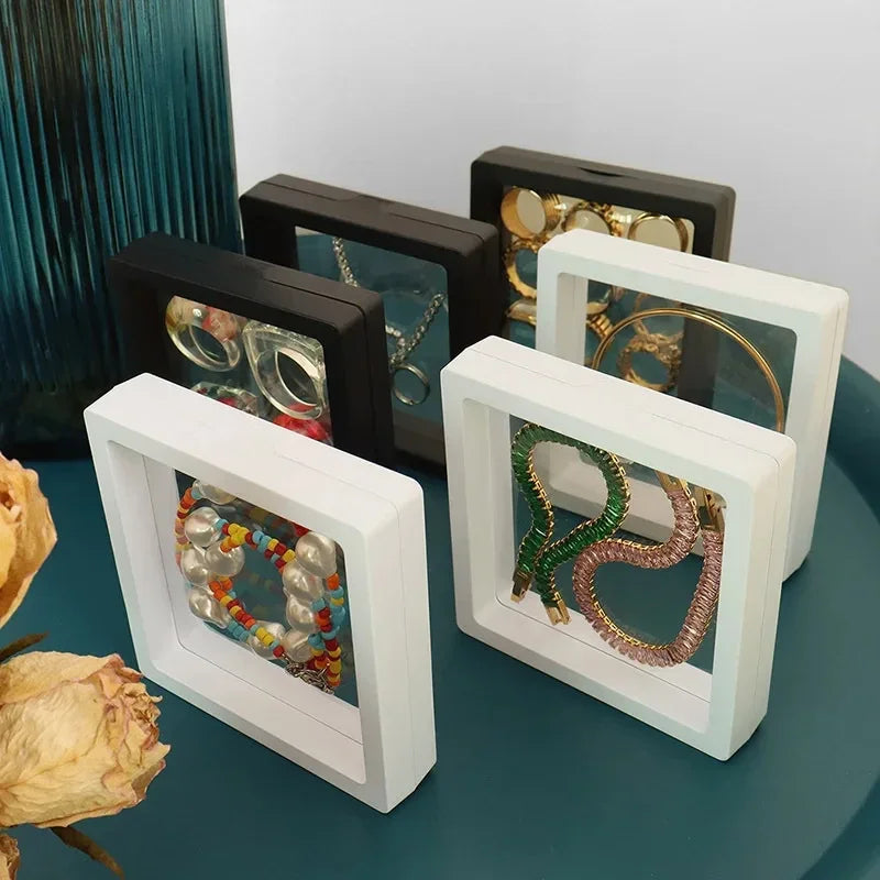 PE Film Jewelry Storage Box 3D Packaging Case Free Stand Floating Frame Membrane Ring Earrings Necklace Display Holder