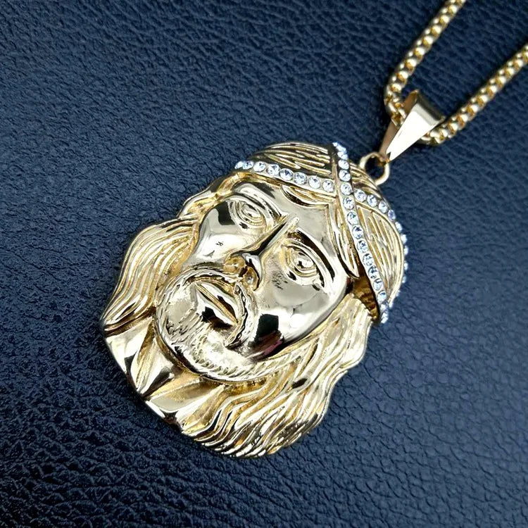 Christian Iced Out Bling Jesus Head Portrait Necklace Pendant Male and Female Cross Catholic Amulet Jewelry