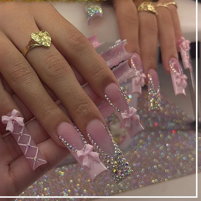 24Pcs Sweet Cool Spice Girl Press on Nails Black French Bow False Nails Y2k Star Glitter Diamond Nail Long Square Gel Fake Nails