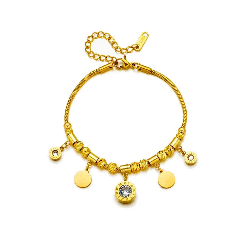 Stainless Steel Gold Color Roman Number Zircon Bracelet For Women Fashion Girls Charm Bracelets Party Jewelry Gifts