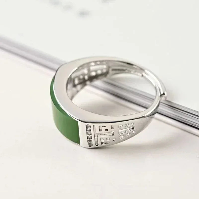 New Green Natural Hetian Jade Ring 925 Sterling Silver Ring Couple Rings Men Women Jewelry Lucky Stone Jade Finger Ring