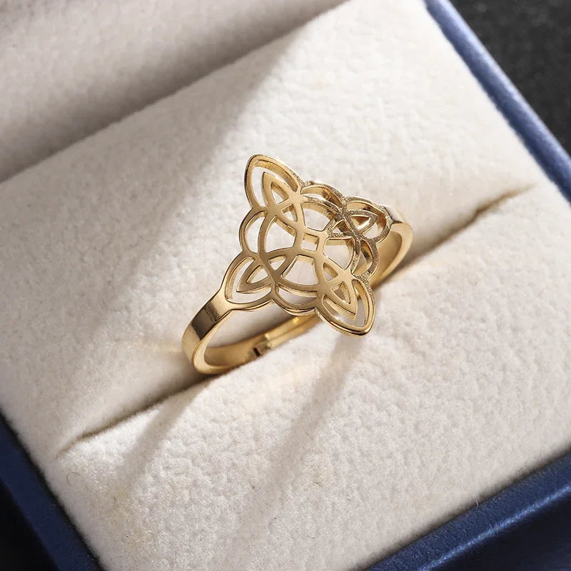 Stainless Steel Witch Knot Adjustable Ring Fashion Women Girls Good Luck Casual Party Jewelry Gift