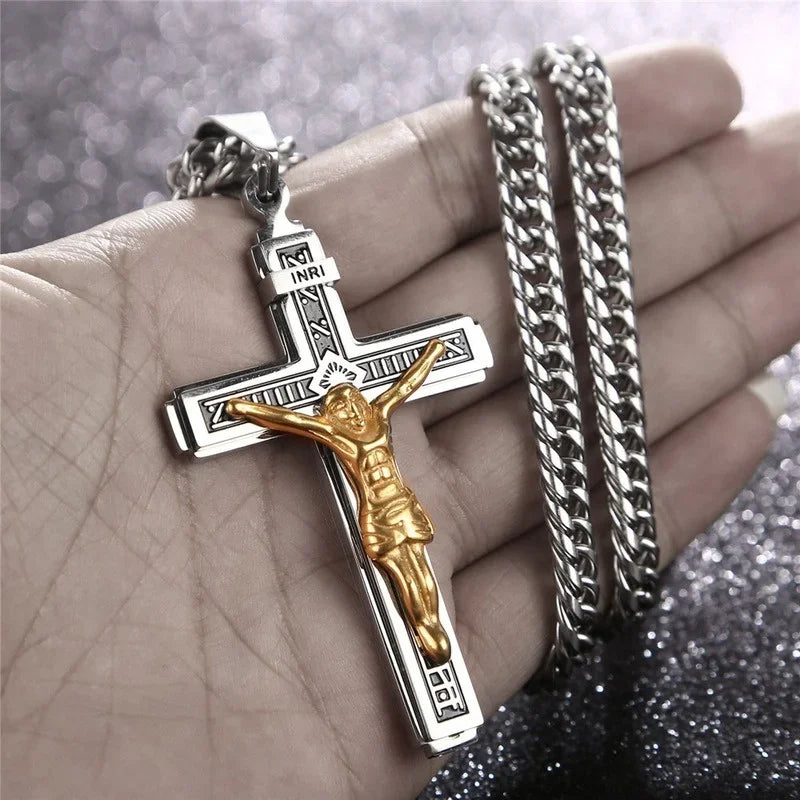 Vintage Jesus Christ Cross Pendant Necklace Men Women Catholic Religious Lucky Faith Jewelry