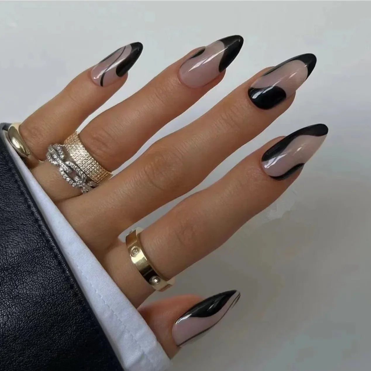 24pcs winter fall leaves brown black false nails with almond French artificial nails with glue short stiletto fake press on nail