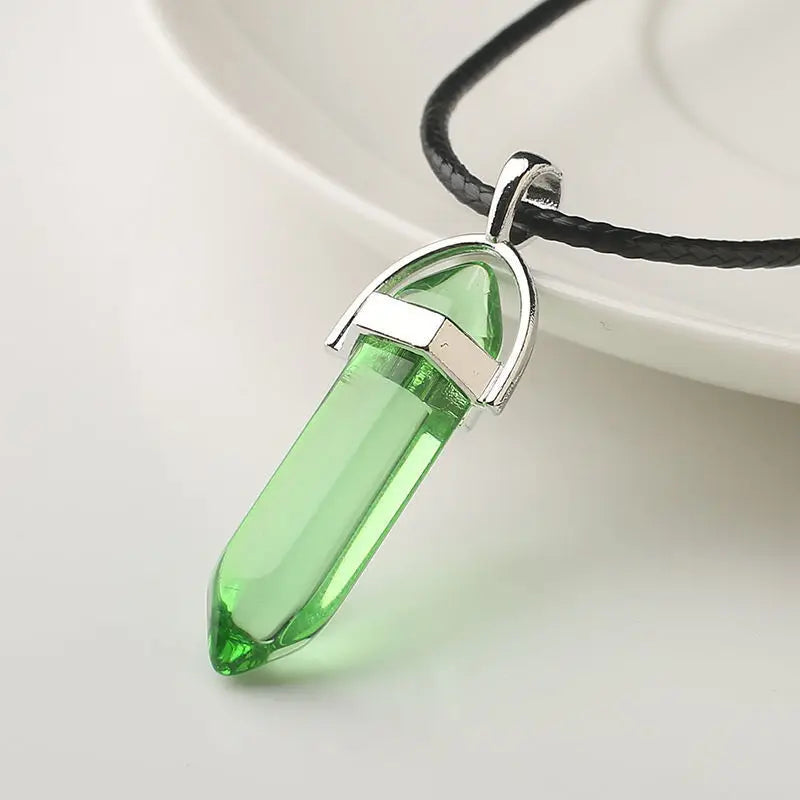 Natural Stone Pendant Necklace Ladies Girls Gift PU Leather Hexagonal Pillar Pointed Jewelry