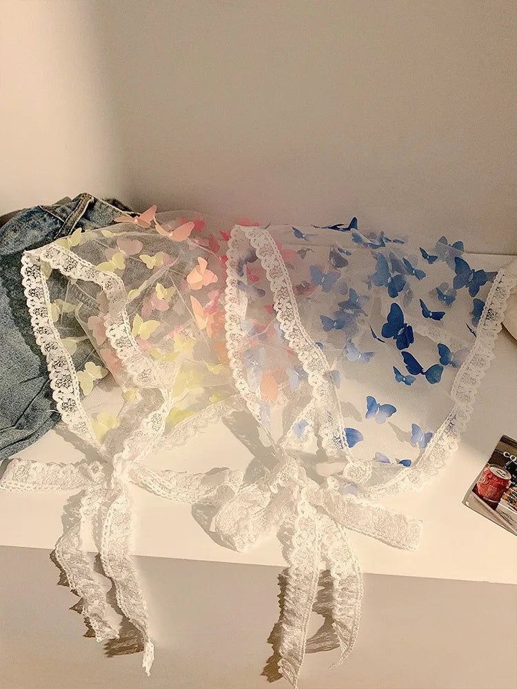 Dopamine Butterfly French Fairy Lace Triangle Headscarf Women's DIY Headwear Mesh Silk Scarf Hairband Summer Beach Accessories