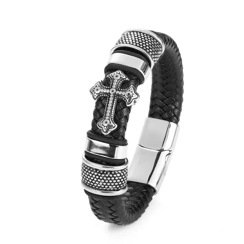 Classic Vintage Magnetic Buckle X Pendant Black Leather Bracelet, Suitable for Men\\\\\\'s Fashion Casual Rock Jewelry