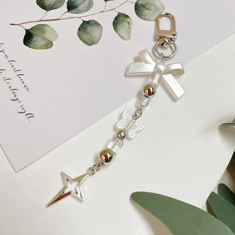 Candy Color Pearl Bowknot Phone Chain Sweet Bear Heart Pendant Earphone Case Anti-Lost Lanyard Bag Decor