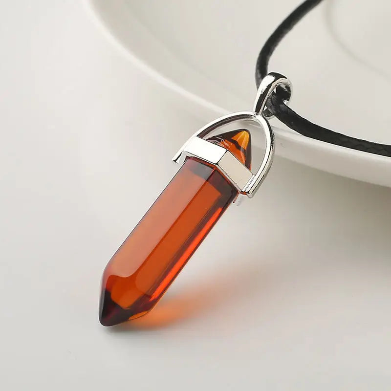 Natural Stone Pendant Necklace Ladies Girls Gift PU Leather Hexagonal Pillar Pointed Jewelry