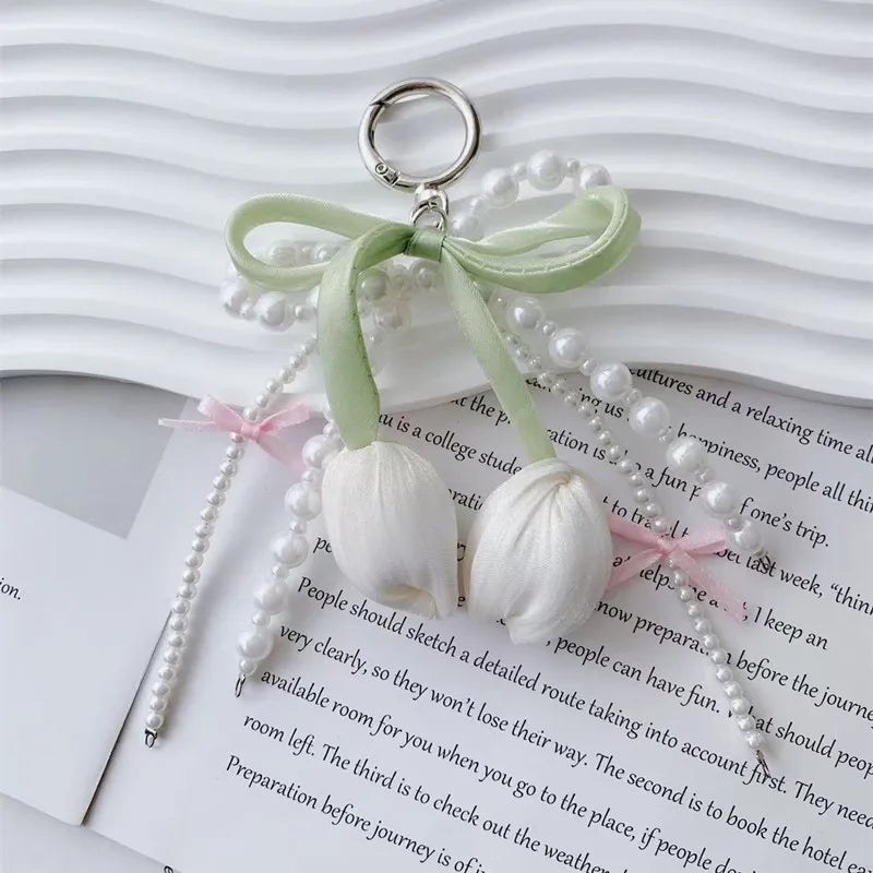 Blue Pink Lattice Ribbon Keychains Bowknot Pearls Heart Bag Pendant Elegant Beaded Keyring Y2k Sweet Korea Jewelry Accessories