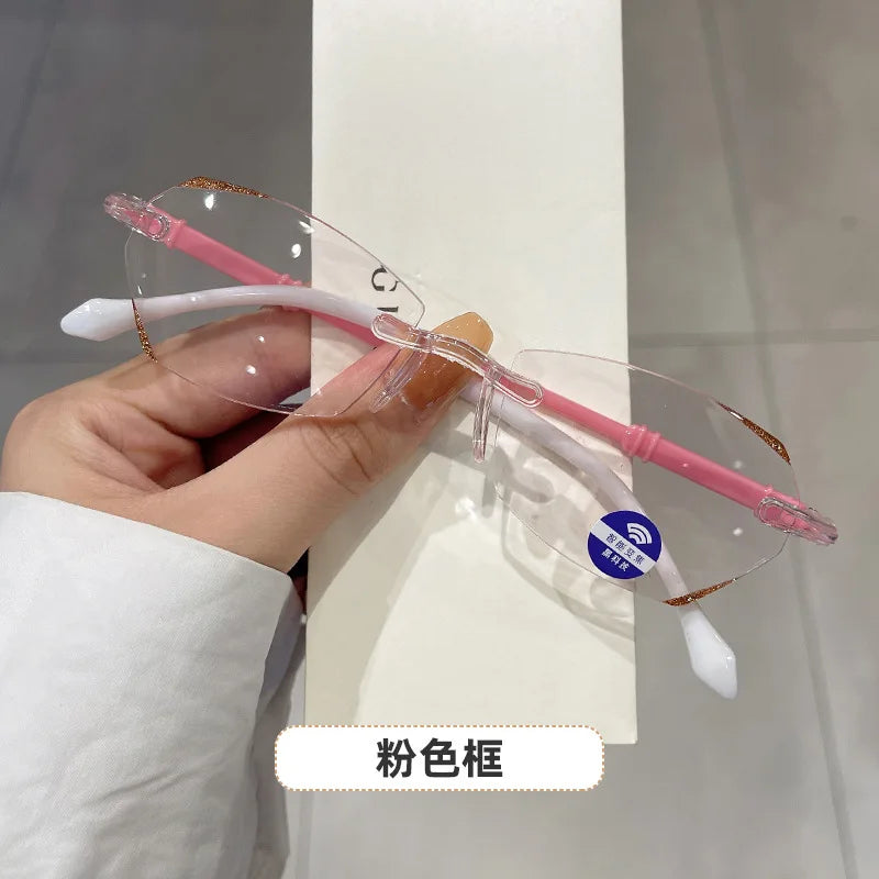 New Rimless Diamond Cutting Presbyopic Glasses Ladies Anti Blue Light Ultra Light Reading Glasses +1.0+1.5+2.0+2.5+3.0+3.5+4.0
