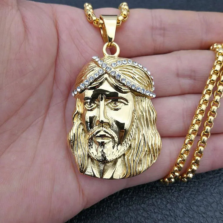 Christian Iced Out Bling Jesus Head Portrait Necklace Pendant Male and Female Cross Catholic Amulet Jewelry