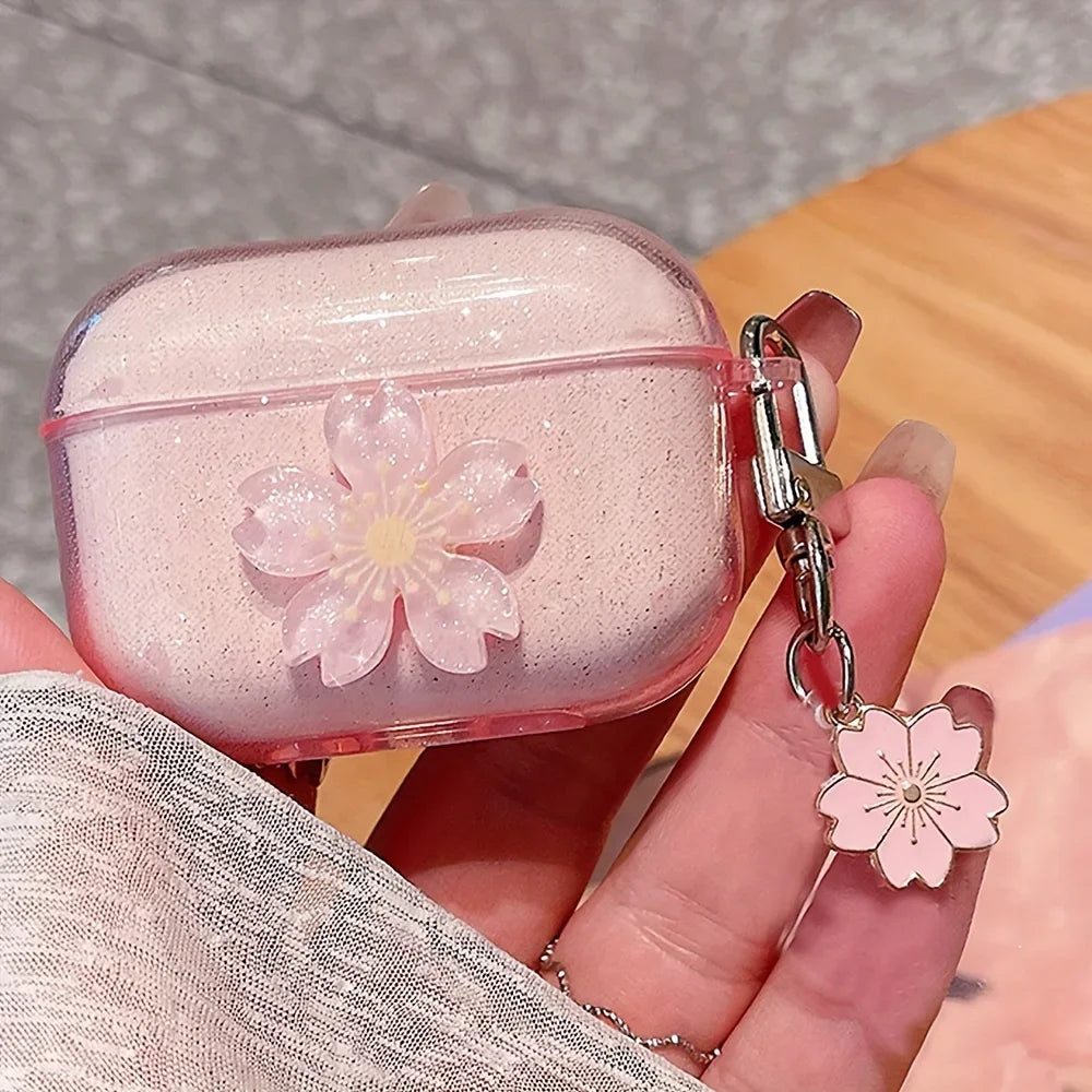 Sparkling Pink Cherry Blossom Suitable Cases for Apple AirPods Pro 1/2/3 Generation Wireless Bluetooth Earphone Case Transparent