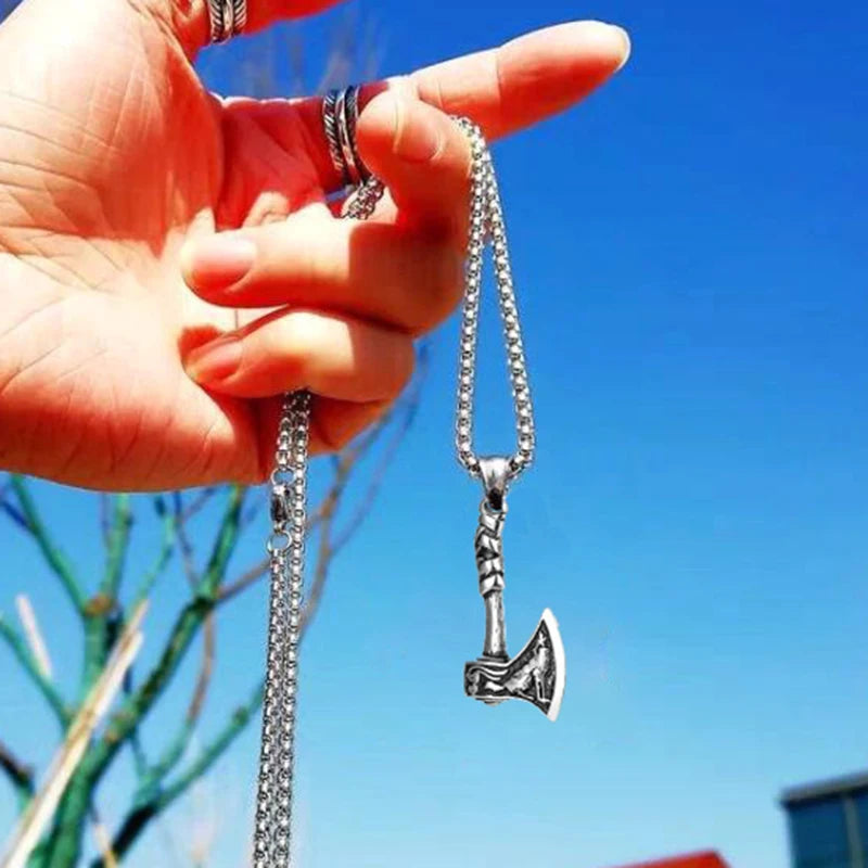 Punk Style men's Necklace With Viking Axe Pendant Silver Color Vintage Wolf Pattern Hip Hop Rock Jewelry Neck Accessories Gifts