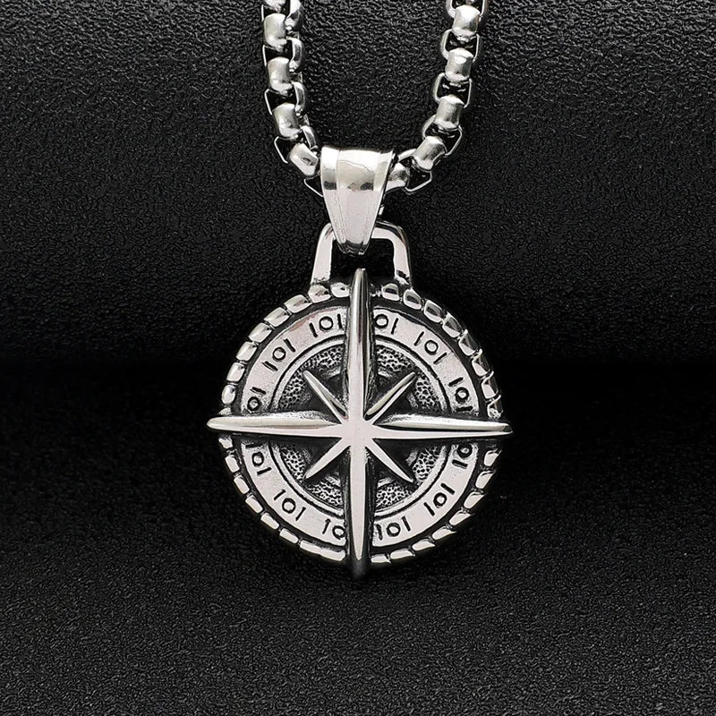 Two Tone Compass Pendant men's Necklace Stainless Steel Retro Hip-hop Style Silver Color Neck Chain Fashion Jewelry Wholesale