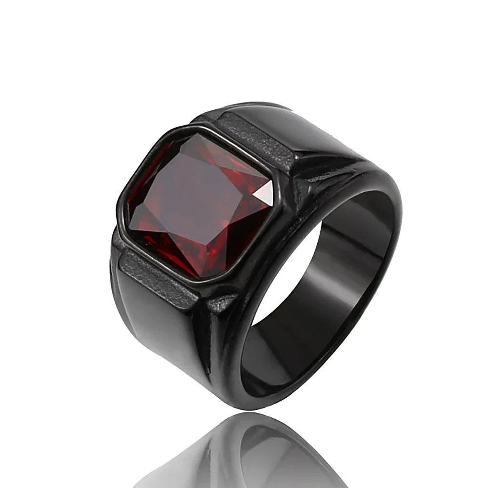 Punk Hip Hop Creative Design Square Black Red Stone Men's Ring Retro Simple 316L Stainless Steel Ring Jewelry Gift Wholesale