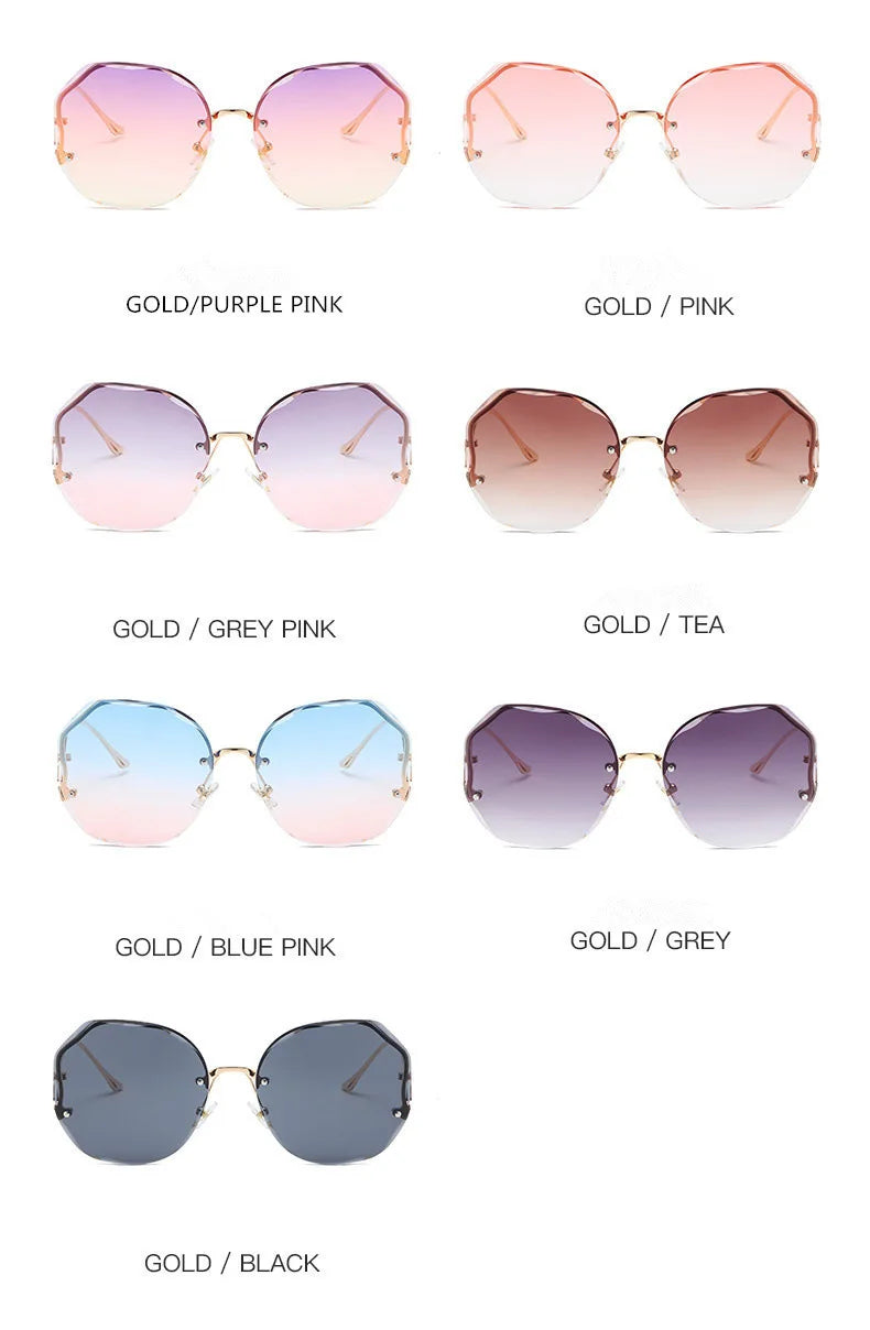 Luxury Round Gradient Sunglasses Women Metal Curved Temples Eyewear Ocean Rimless Fashion Sun Glasses Ladies UV400