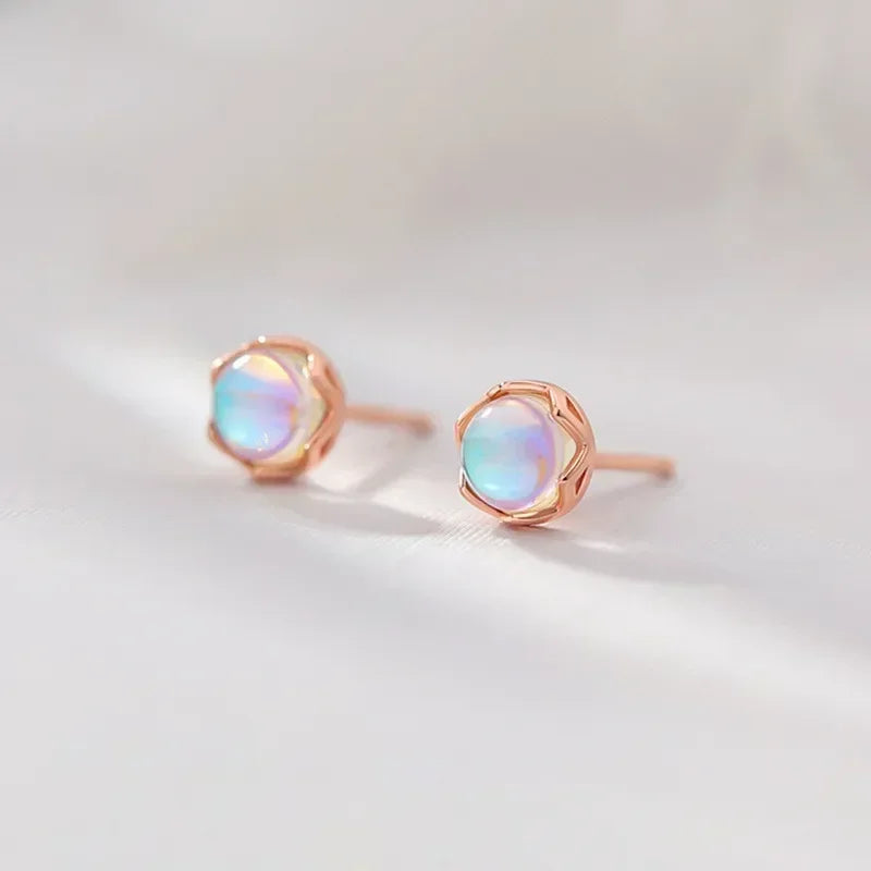 Mini Moonstone Small Round Stud Earrings for Women Simple Design Luxury Aurora Personality Exquisite Girls Charm Jewelry Gift