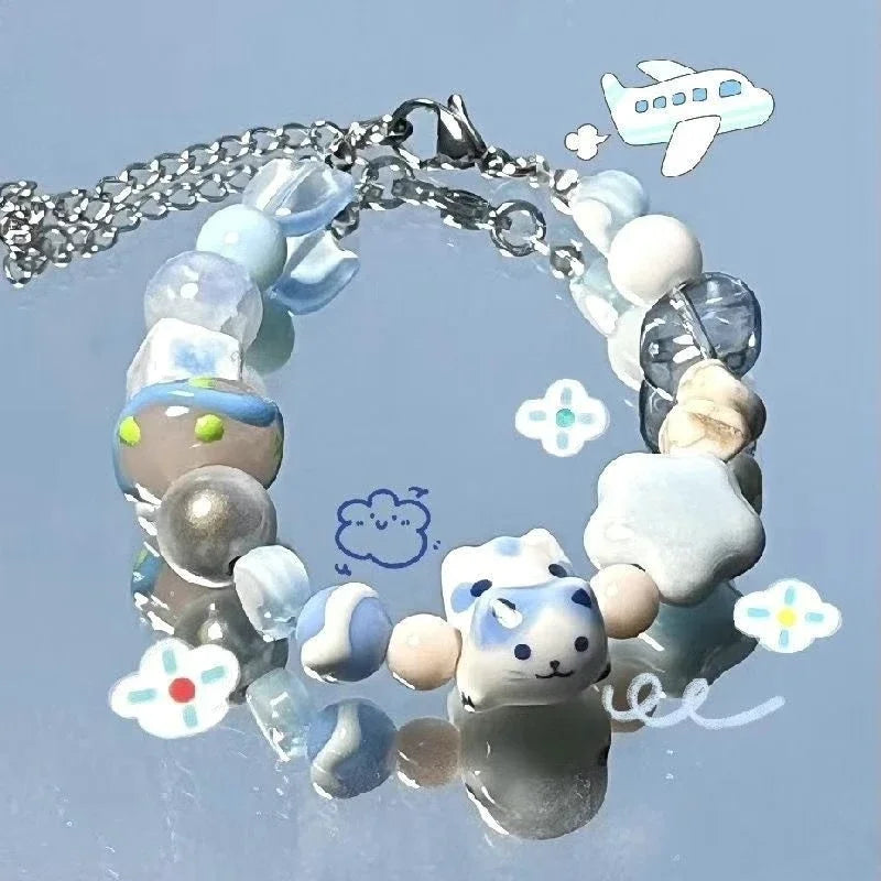 Women Summer Dopamine Sweet Cool Rhinestone Stars Bracelets Cute Cartoon Black Cat Heart Beads Bracelet Fashion Jewelry Gifts