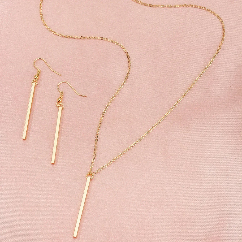 Elegant Gold Stick Jewelry Sets for Women Pendant Necklace Drop Earring Simlpe Adjustable Geometry Wedding Jewelry