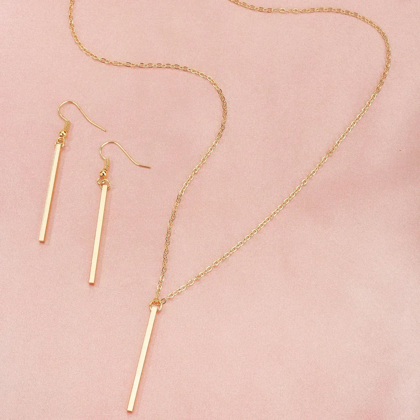 Elegant Gold Stick Jewelry Sets for Women Pendant Necklace Drop Earring Simlpe Adjustable Geometry Wedding Jewelry