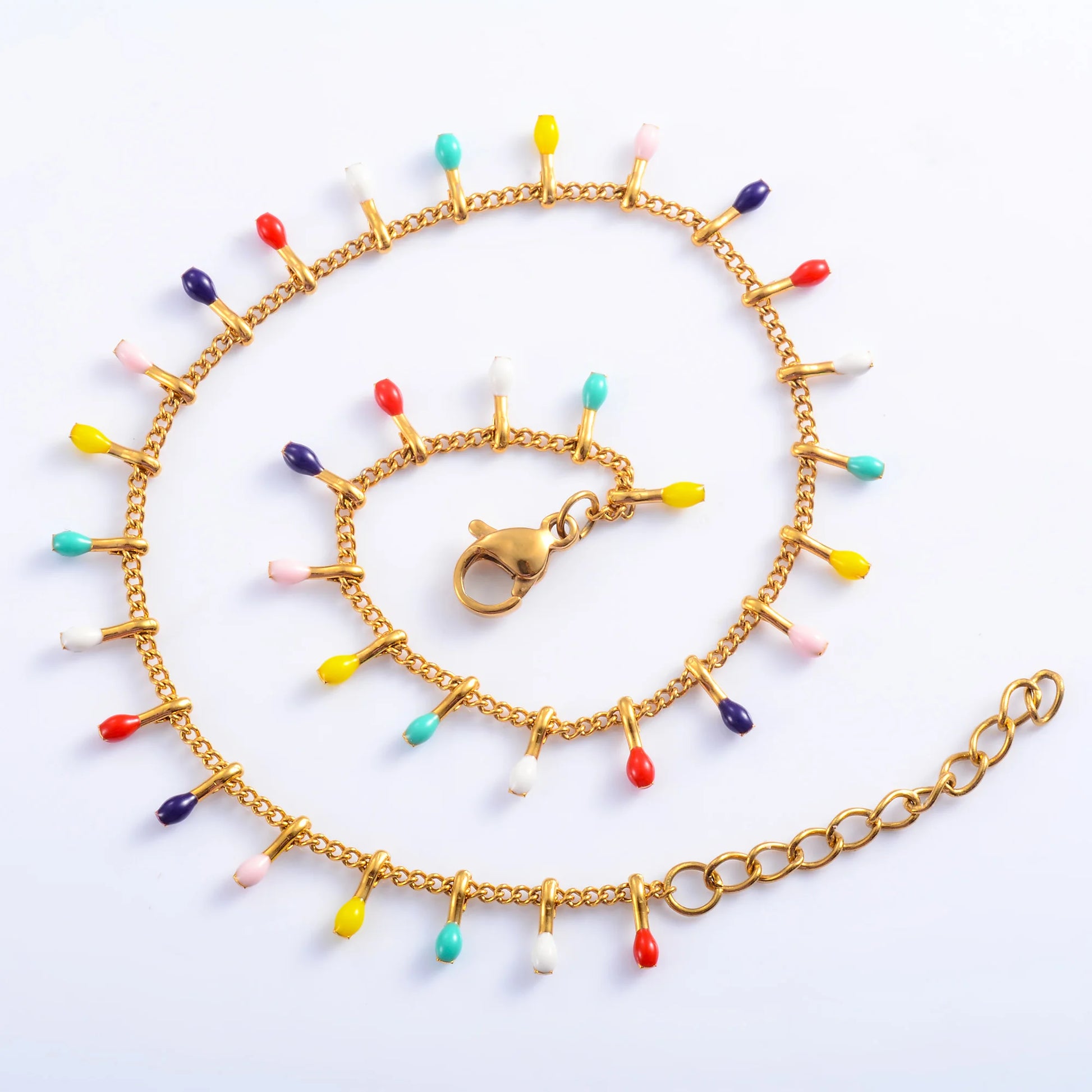 Stylish Colorful Enamel Bracelet Stainless Steel for Women Hand Foot Link Chain with Extender Gold Color Plated Jewelry Summer