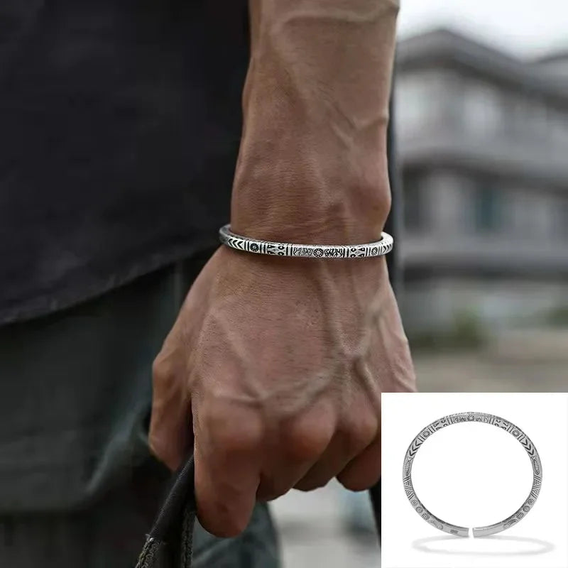 Retro Pattern Sanskrit Opening Bracelet Buddhist Six-Character Mantra Twist Cuff Bangles Men and Women Fashion Jewelry Gift