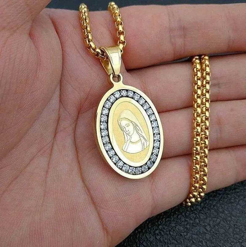 Beautiful Stainless Steel Catholic Virgin Mary Portrait Square Pendant Necklace for Men and Women Religious Catholic Jewelry